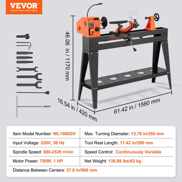 VEVOR Wood Lathe with Copy Attachment, 13.78 in x 37.8 in, 1 HP 750W Woodworking Lathe with Stand, Continuously Variable Speed 700-2600 RPM with Light Hex Wrenches Turning Tool Set, for Woodworking