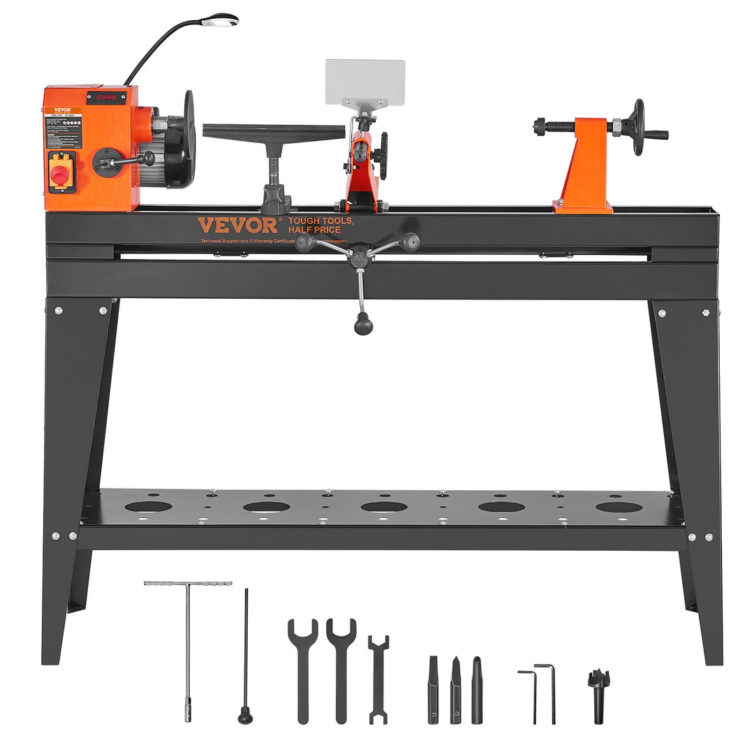 VEVOR Wood Lathe with Copy Attachment, 13.78 in x 37.8 in, 1 HP 750W Woodworking Lathe with Stand, Continuously Variable Speed 700-2600 RPM with Light Hex Wrenches Turning Tool Set, for Woodworking