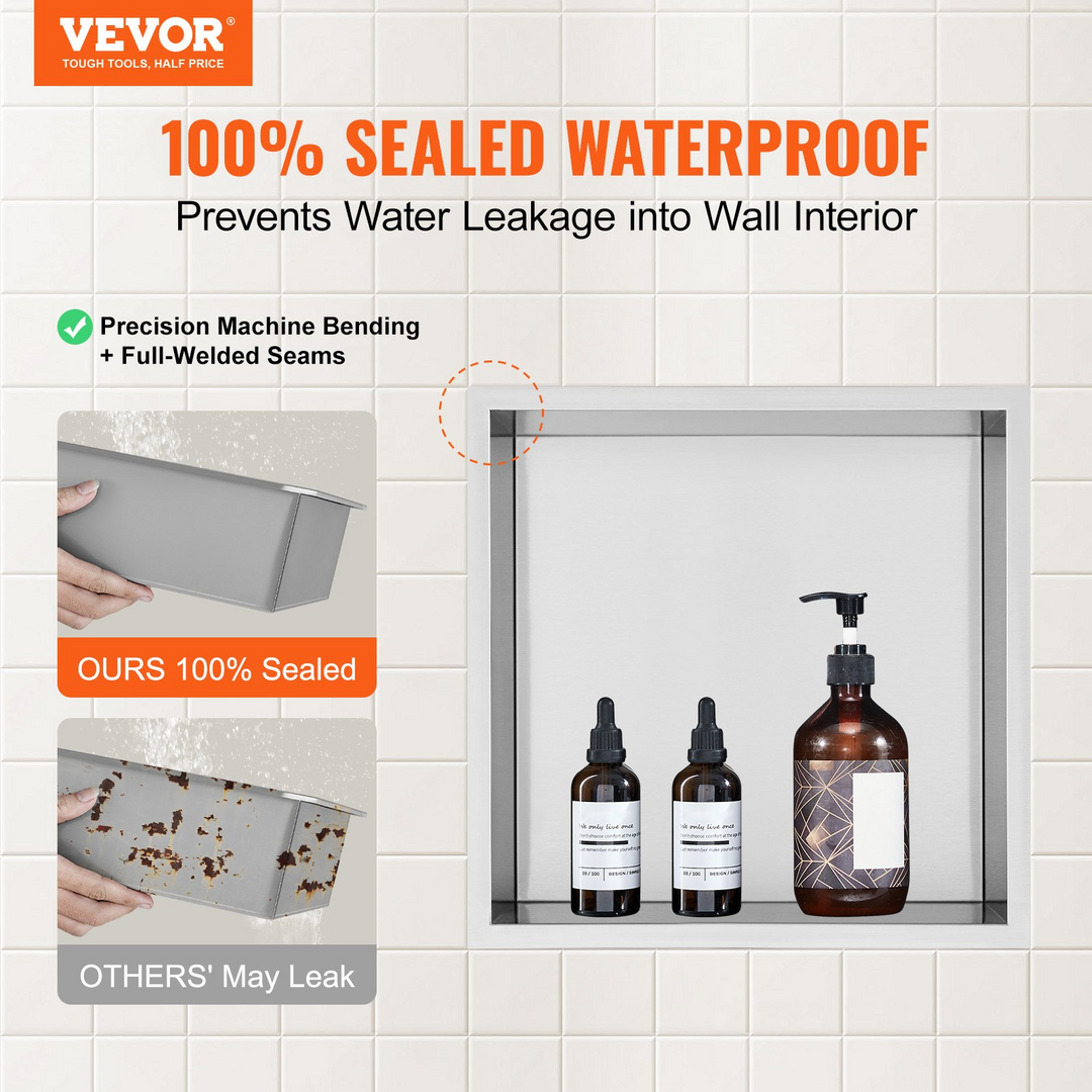 VEVOR 13"x13" No Tile Shower Niche 304 Stainless Steel, Wall-Inserted Niche Recessed Double Shelves, Sealed Waterproof Rust-Resistant Modern Niche for Shower Bathroom Soap Storage, Silver