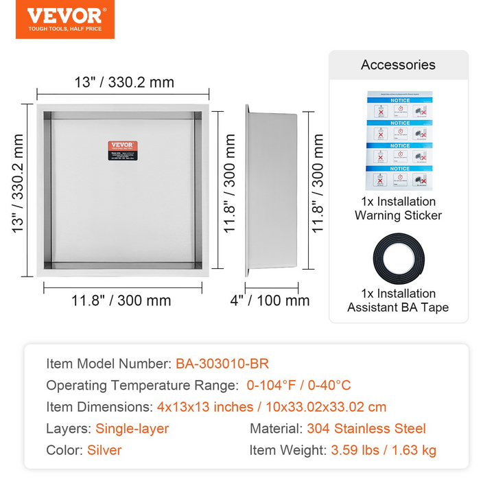 VEVOR 13"x13" No Tile Shower Niche 304 Stainless Steel, Wall-Inserted Niche Recessed Double Shelves, Sealed Waterproof Rust-Resistant Modern Niche for Shower Bathroom Soap Storage, Silver