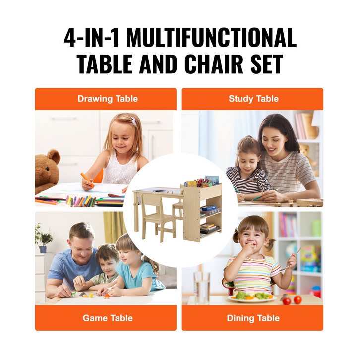 VEVOR Kids Art Table and 2 Chairs, 2-in-1 Toddler Craft and Play Activity Table, Wood Toddler Table and Chair Set with Cabinet for Art, Craft, Reading, and Learning