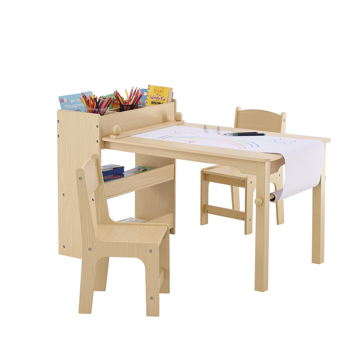 VEVOR Kids Art Table and 2 Chairs, 2-in-1 Toddler Craft and Play Activity Table, Wood Toddler Table and Chair Set with Cabinet for Art, Craft, Reading, and Learning