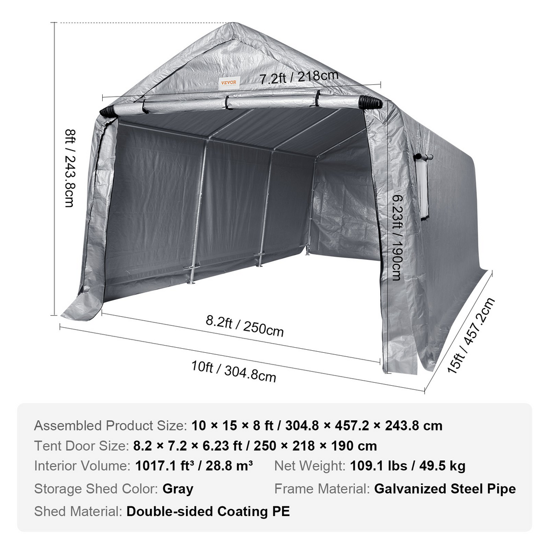 VEVOR Outdoor Portable Storage Shelter Shed, 10x15x8ft Heavy Duty Instant Garage Tent Canopy Carport with Roll-up Zipper Door and Ventilated Windows For Cars, Motorcycle, Bike, Garden Tools