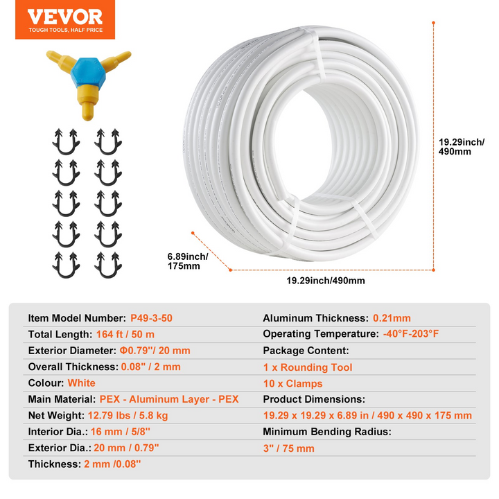 VEVOR PEX-AL-PEX Tube, 164 ft, 0.79" Diameter Aluminum-Plastic Composite Pipe, Oxygen Barrier Radiant Floor PEX Pipe for Radiant Heat Floor Plumbing, 0.08" Thickness, White