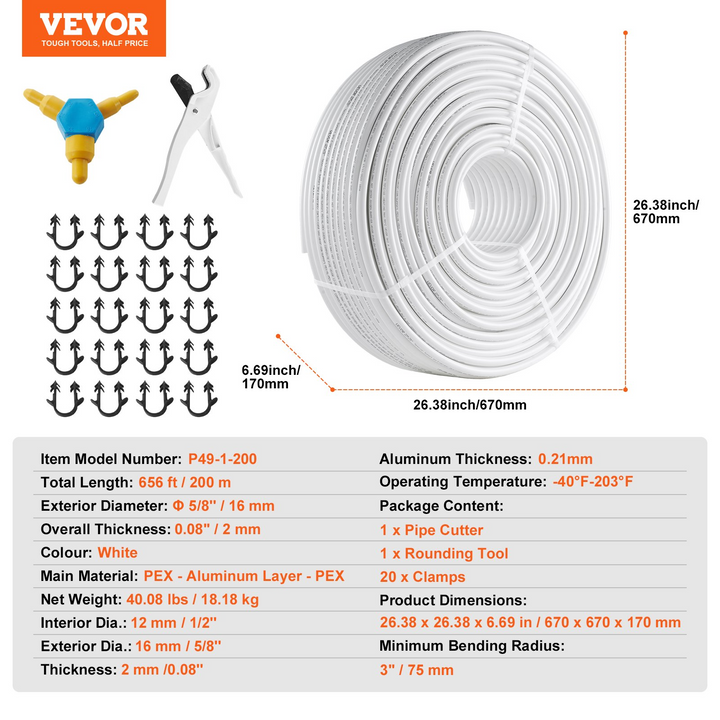 VEVOR PEX-AL-PEX Tube, 656ft, 5/8'' Diameter Aluminum-Plastic Composite Pipe Oxygen Barrier Radiant Floor PEX Pipe
