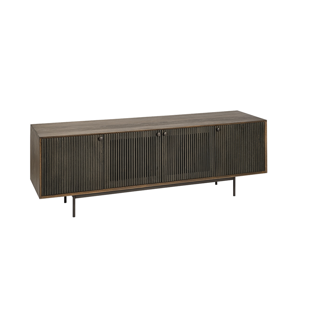 Medium Brown Mango Wood Finish TV Stand Media Console with 4 Shutter-Style Doors - Modern Media Cabinet