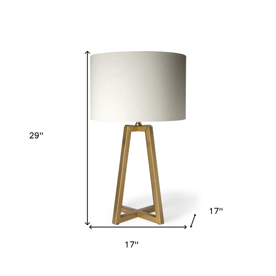 Metallic Gold Tone Geometric Table Lamp with Off-White Drum Shade