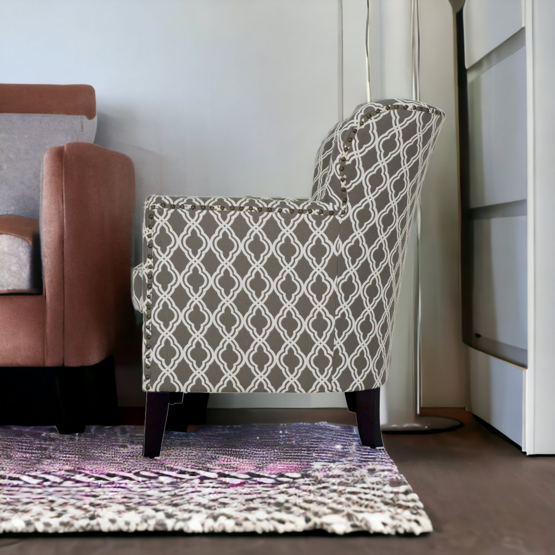 Chic Elegance: 29" Brown and Cream Polyester Blend Trellis Armchair