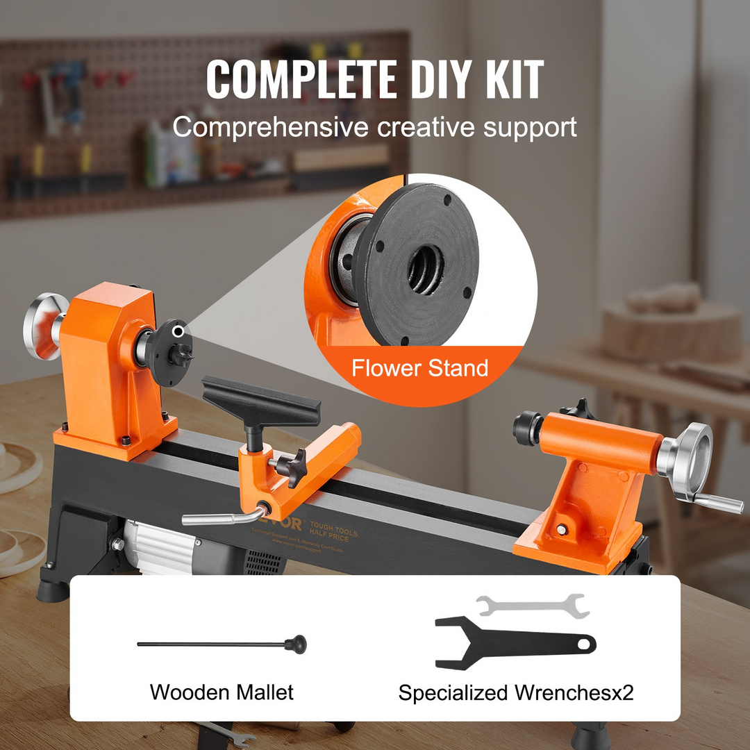 VEVOR Benchtop Wood Lathe, 10 in x 18 in, 0.5 HP 370W Power Wood Turning Lathe Machine, 5 Variable Speeds 780/1320/1920/2640/3840 RPM with Rod Injection Wrenches Faceplate Foot Pads, for Woodworking