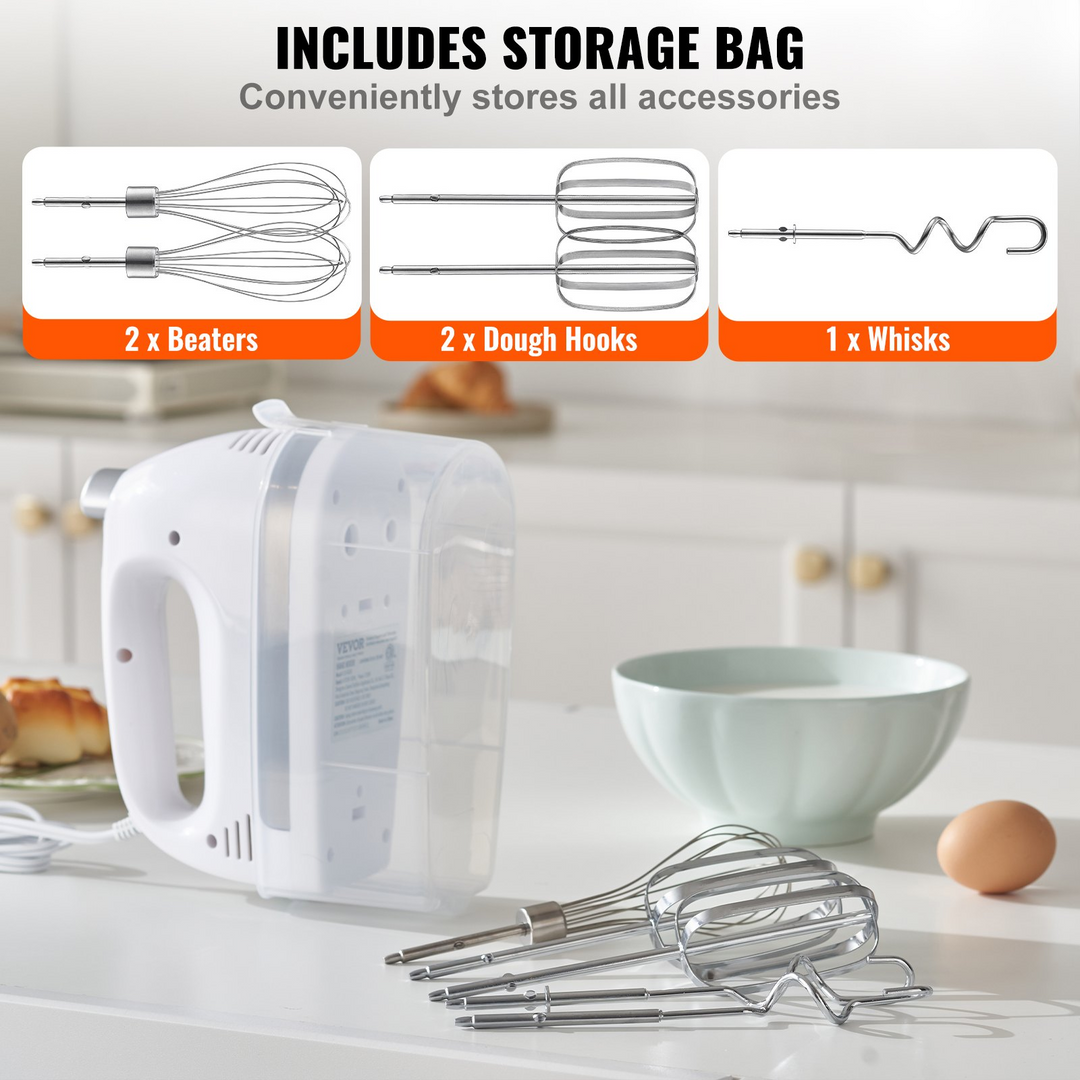 VEVOR Electric Hand Mixer, 5-Speed, 250 Watt Portable Electric Handheld Mixer, with Turbo Boost Beaters Dough Hooks Whisk Storage Case, Baking Supplies for Whipping Mixing Egg Cookie Cake Cream Batter