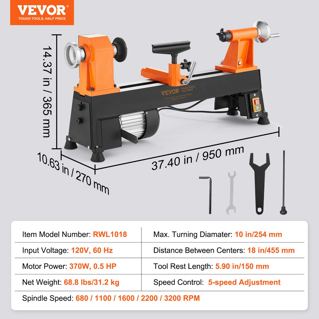 VEVOR Benchtop Wood Lathe, 10 in x 18 in, 0.5 HP 370W Power Wood Turning Lathe Machine, 5 Variable Speeds 780/1320/1920/2640/3840 RPM with Rod Injection Wrenches Faceplate Foot Pads, for Woodworking