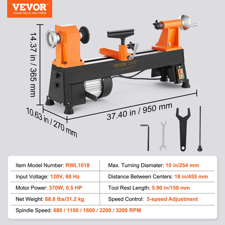 VEVOR Benchtop Wood Lathe, 10 in x 18 in, 0.5 HP 370W Power Wood Turning Lathe Machine, 5 Variable Speeds 780/1320/1920/2640/3840 RPM with Rod Injection Wrenches Faceplate Foot Pads, for Woodworking