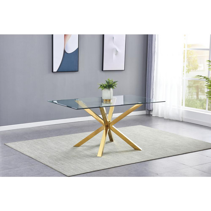 7 Piece Glass dinning Table Set with 6 White Faux Leather Chairs/ Gold Stainless Steel legs