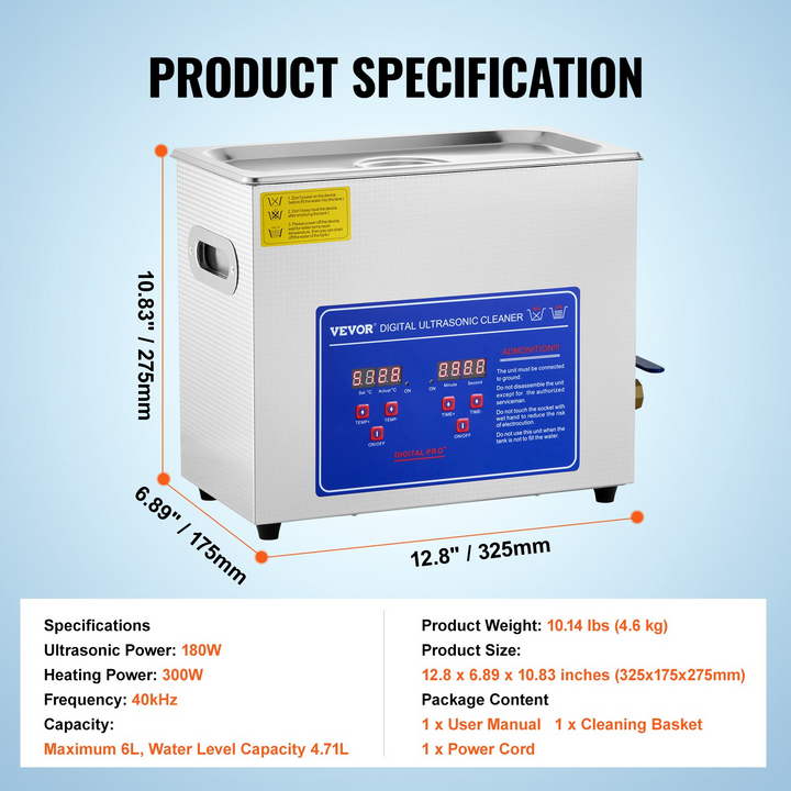 VEVOR Commercial Ultrasonic Cleaner 6L Professional Ultrasonic Cleaner 40kHz with Digital Timer&Heater 110V Excellent Cleaning Machine for Watch Instruments Industrial Parts Excellent Cleaner Solution