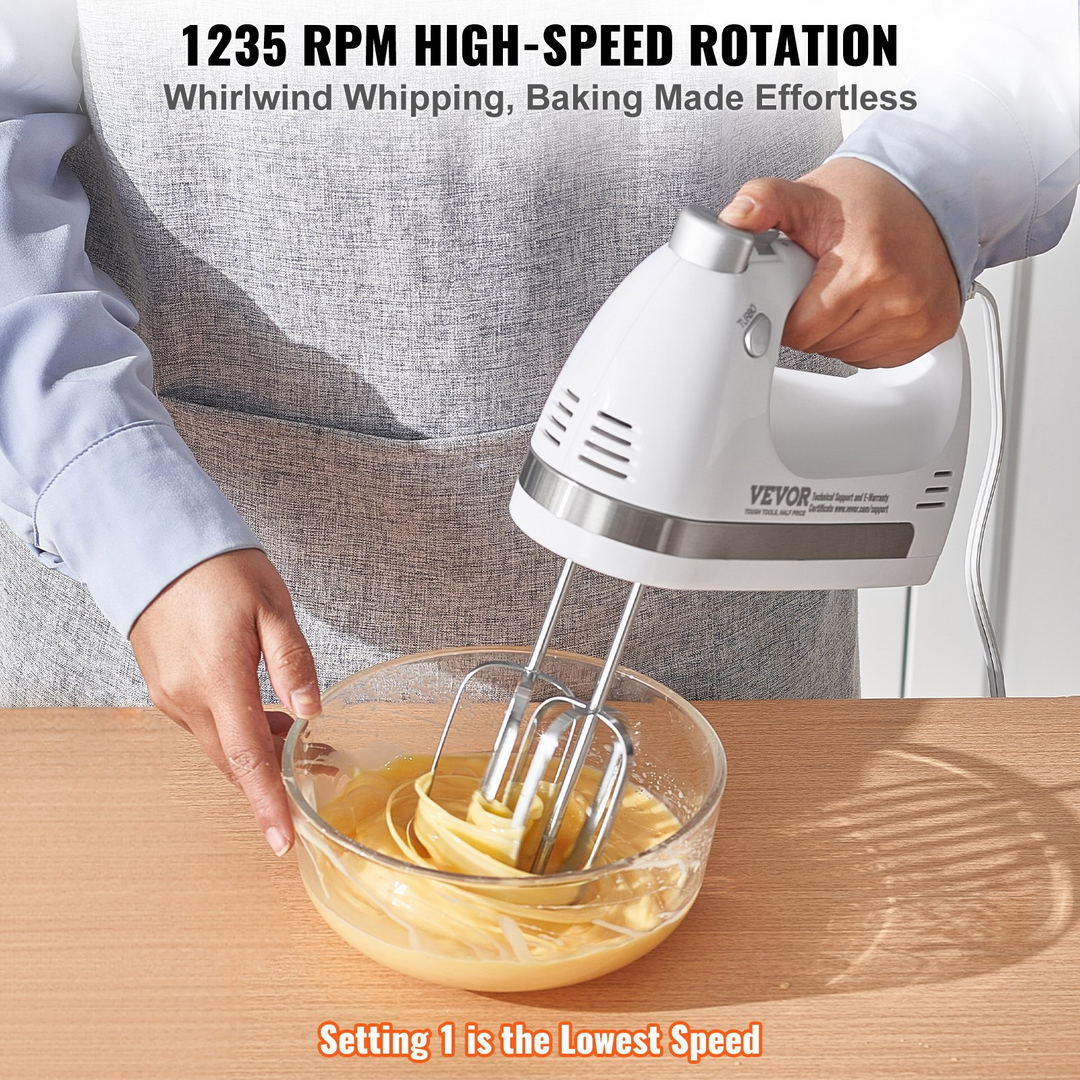 VEVOR Electric Hand Mixer, 5-Speed, 250 Watt Portable Electric Handheld Mixer, with Turbo Boost Beaters Dough Hooks Whisk Storage Case, Baking Supplies for Whipping Mixing Egg Cookie Cake Cream Batter