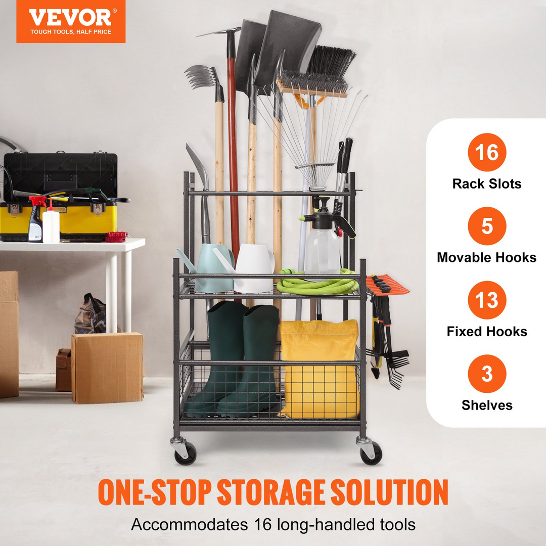 VEVOR Garden Tool Organizer with Wheels - Space-Saving Yard Tool Tower Rack for Garage and Shed Storage