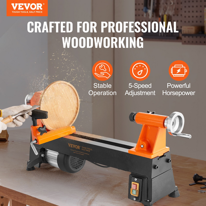 VEVOR Benchtop Wood Lathe, 10 in x 18 in, 0.5 HP 370W Power Wood Turning Lathe Machine, 5 Variable Speeds 780/1320/1920/2640/3840 RPM with Rod Injection Wrenches Faceplate Foot Pads, for Woodworking