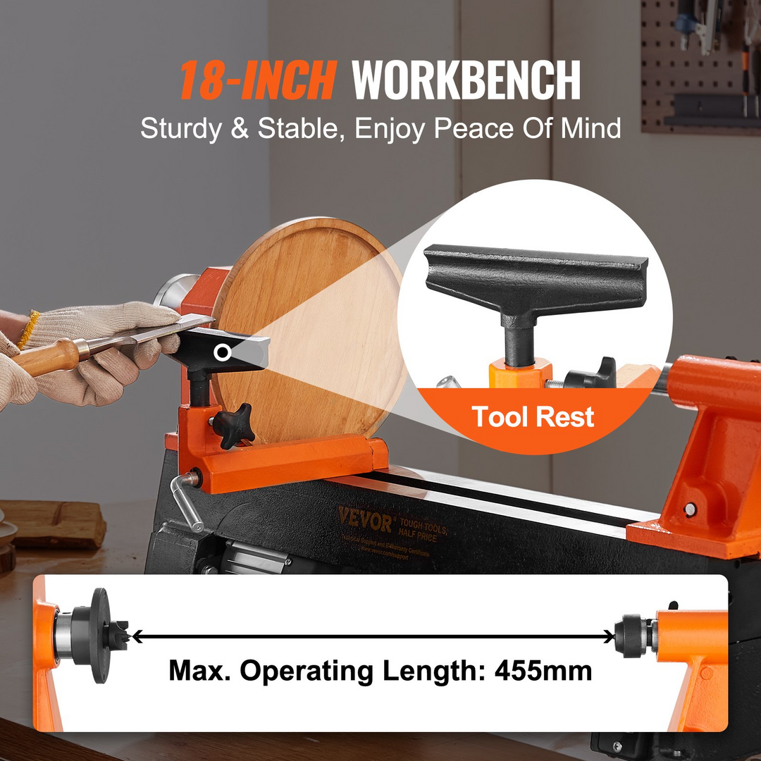 VEVOR Benchtop Wood Lathe, 10 in x 18 in, 0.5 HP 370W Power Wood Turning Lathe Machine, 5 Variable Speeds 780/1320/1920/2640/3840 RPM with Rod Injection Wrenches Faceplate Foot Pads, for Woodworking