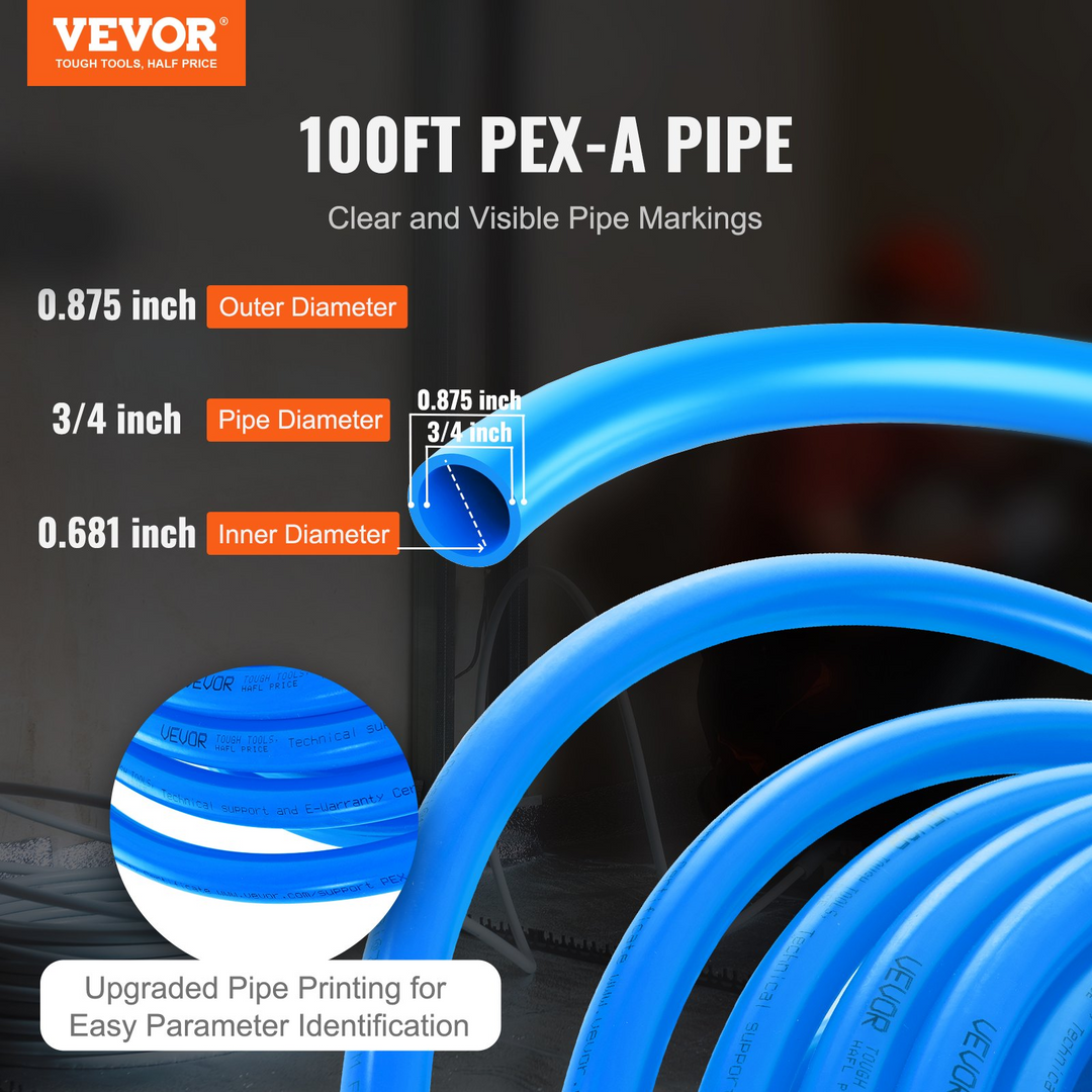 VEVOR PEX Pipe 3/4 Inch, 100 Feet Length PEX-A Flexible Pipe Tubing for Potable Water, Hot/Cold Water Plumbing Applications with Free Cutter, Blue