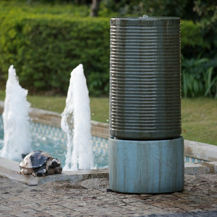 Ribbed Tower Water Fountain - An Antique Green Haven for Birds