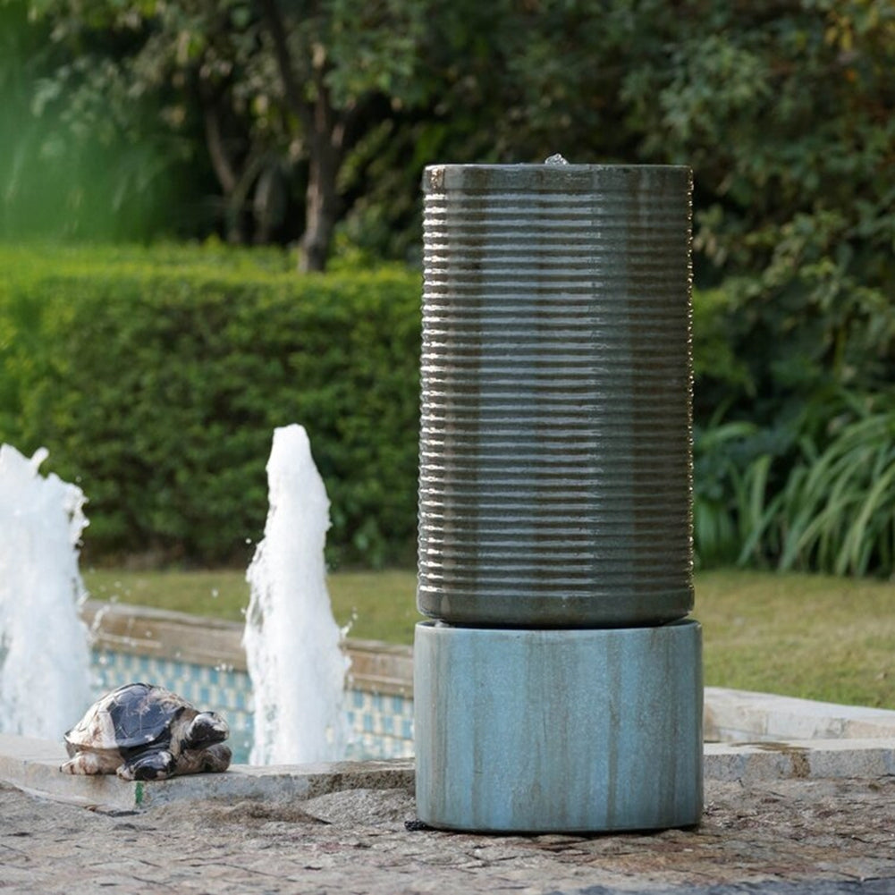 Ribbed Tower Water Fountain - An Antique Green Haven for Birds
