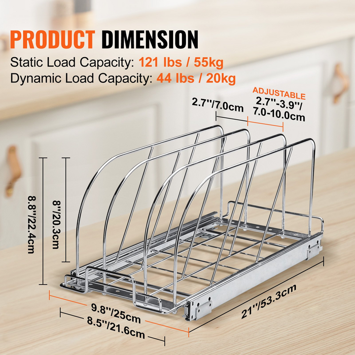 VEVOR Pan and Pot Rack, Expandable Pull Out Under Cabinet Organizer, Cookie Sheet Baking Pans tray Organization, Adjustable Wire Dividers, Steel Lid Holder for Kitchen Cabinet & Pantry Storage, 8.5"W