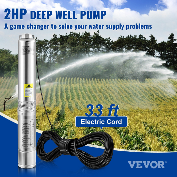 VEVOR Deep Well Submersible Pump - 2HP/1500W, 230V/60Hz, 37GPM, 427 ft Head, Stainless Steel Water Pump