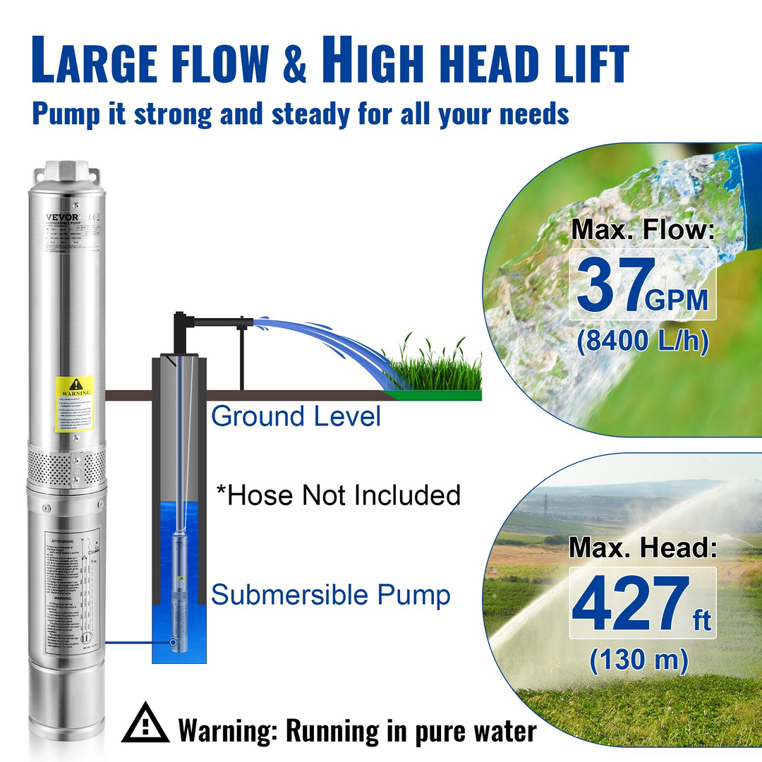 VEVOR Deep Well Submersible Pump - 2HP/1500W, 230V/60Hz, 37GPM, 427 ft Head, Stainless Steel Water Pump