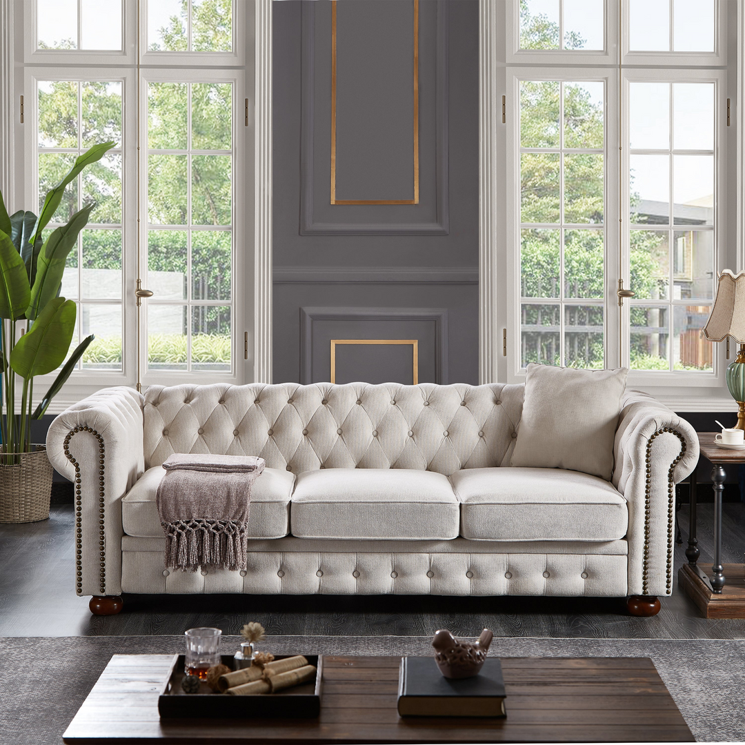 Chesterfield sofa beige linen fabric (Beige)