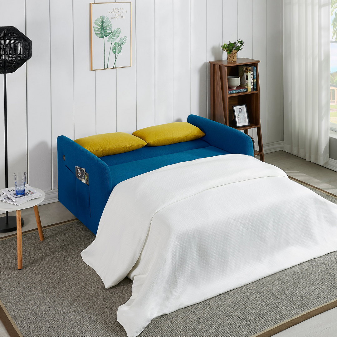 Multifunctional Retro Blue Sofa Bed with USB Charging Port, Comfortable Foam Support, and Easy Assembly