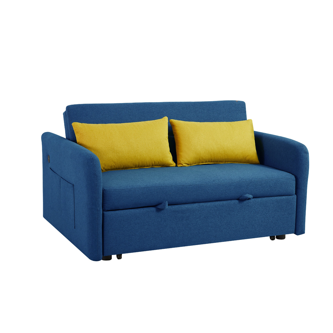 Multifunctional Retro Blue Sofa Bed with USB Charging Port, Comfortable Foam Support, and Easy Assembly