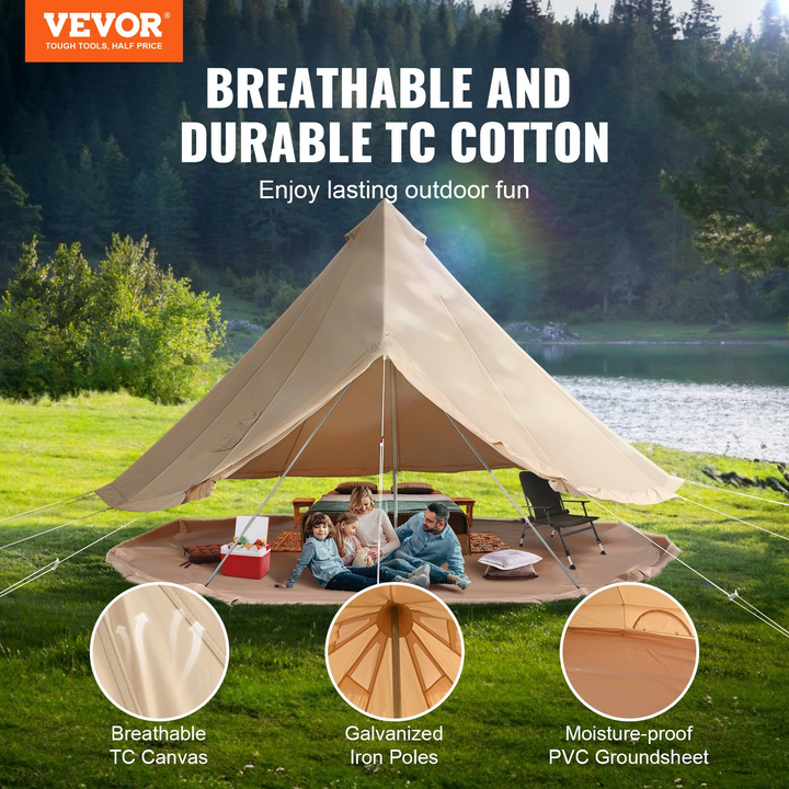 VEVOR Canvas Bell Tent, 4 Seasons 3 m/9.8ft Yurt Tent, Canvas Tent for Camping with Stove Jack, Breathable Tent Holds up to 4 People, Family Camping Outdoor Hunting Party