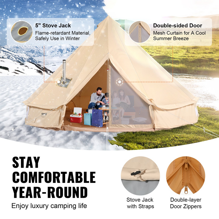 VEVOR Canvas Bell Tent, 4 Seasons 3 m/9.8ft Yurt Tent, Canvas Tent for Camping with Stove Jack, Breathable Tent Holds up to 4 People, Family Camping Outdoor Hunting Party