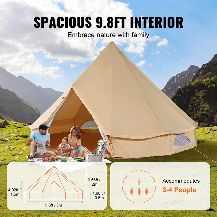 VEVOR Canvas Bell Tent, 4 Seasons 3 m/9.8ft Yurt Tent, Canvas Tent for Camping with Stove Jack, Breathable Tent Holds up to 4 People, Family Camping Outdoor Hunting Party