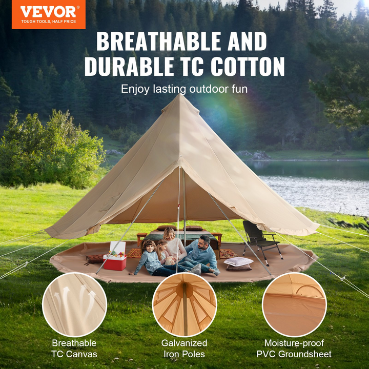 VEVOR Canvas Bell Tent, 4 Seasons 5 m/16.4 ft Yurt Tent, Canvas Tent for Camping with Stove Jack, Breathable Tent Holds up to 8 People, Family Camping Outdoor Hunting Party