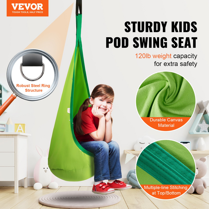 VEVOR Kids Pod Swing Seat with LED Lights, Sensory Hammock Chair, Indoor & Outdoor Hanging Chair, 100% Cotton, 120 lbs Capacity