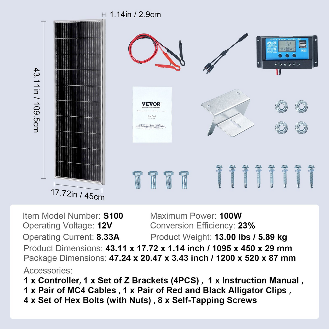 VEVOR 100W Monocrystalline Solar Panel Kit 12V Solar Panel & Charge Controller