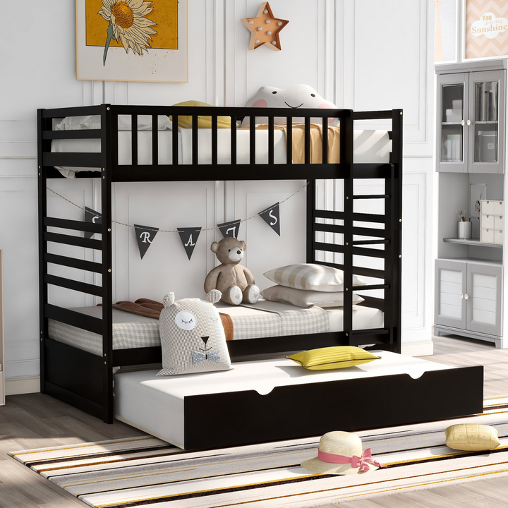 Twin Bunk Beds for Kids with Safety Rail and Movable Trundle Bed - Brown