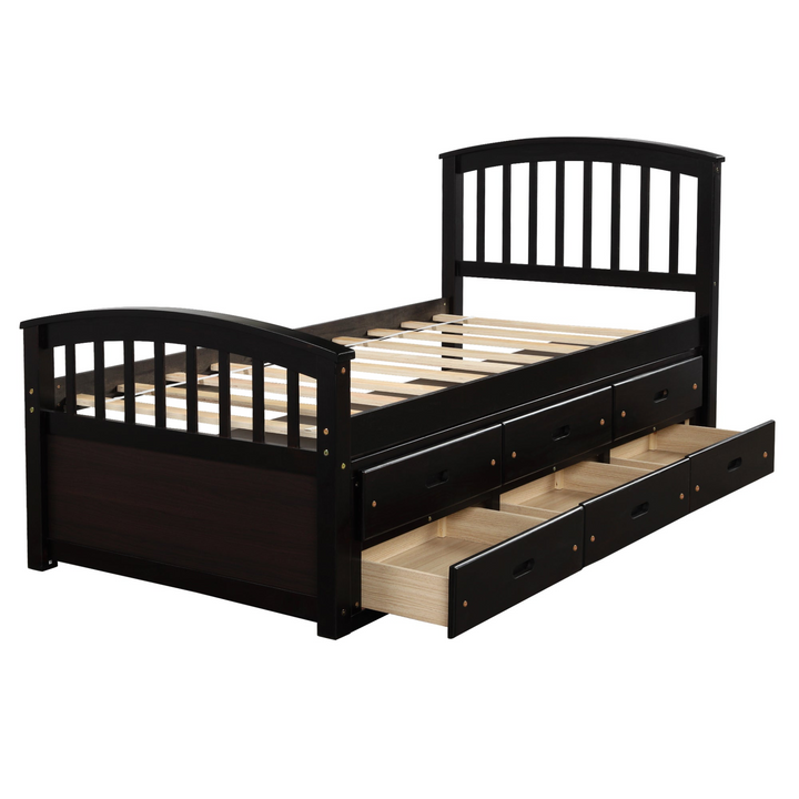 Twin Size Platform Storage Bed, Solid Wood Bed with 6 Drawers, Espresso Finish