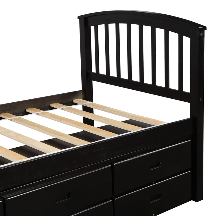 Twin Size Platform Storage Bed, Solid Wood Bed with 6 Drawers, Espresso Finish