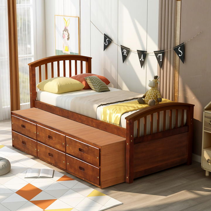 Twin Size Platform Storage Bed Solid Wood Bed with 6 Drawers - Walnut