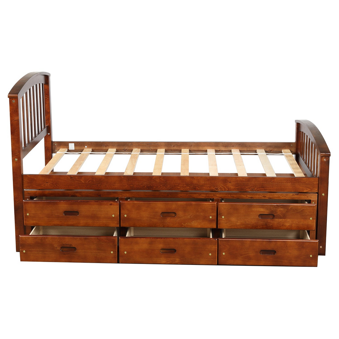 Twin Size Platform Storage Bed Solid Wood Bed with 6 Drawers - Walnut