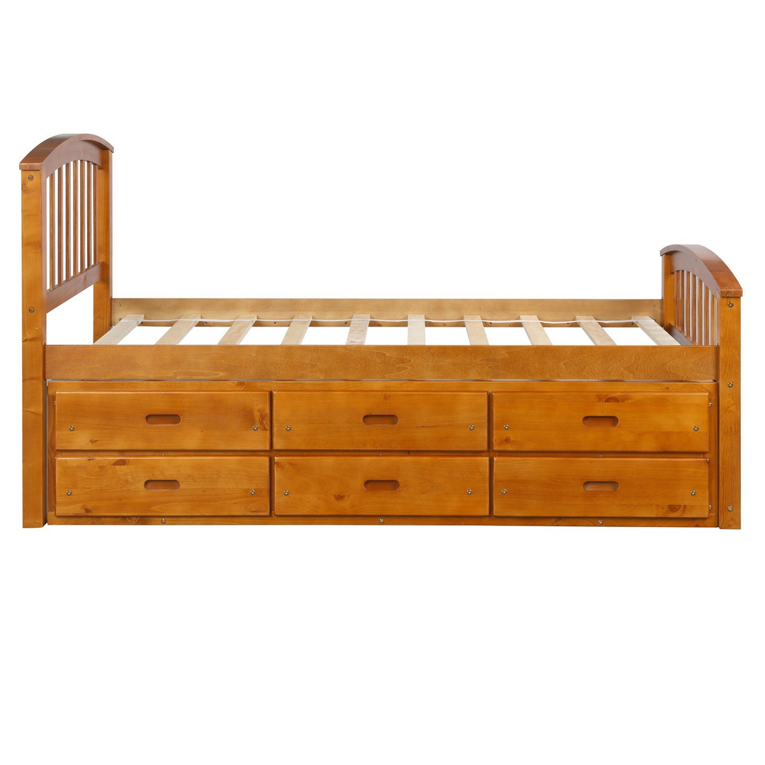 Twin Size Platform Storage Bed Solid Wood Bed with 6 Drawers - Oak