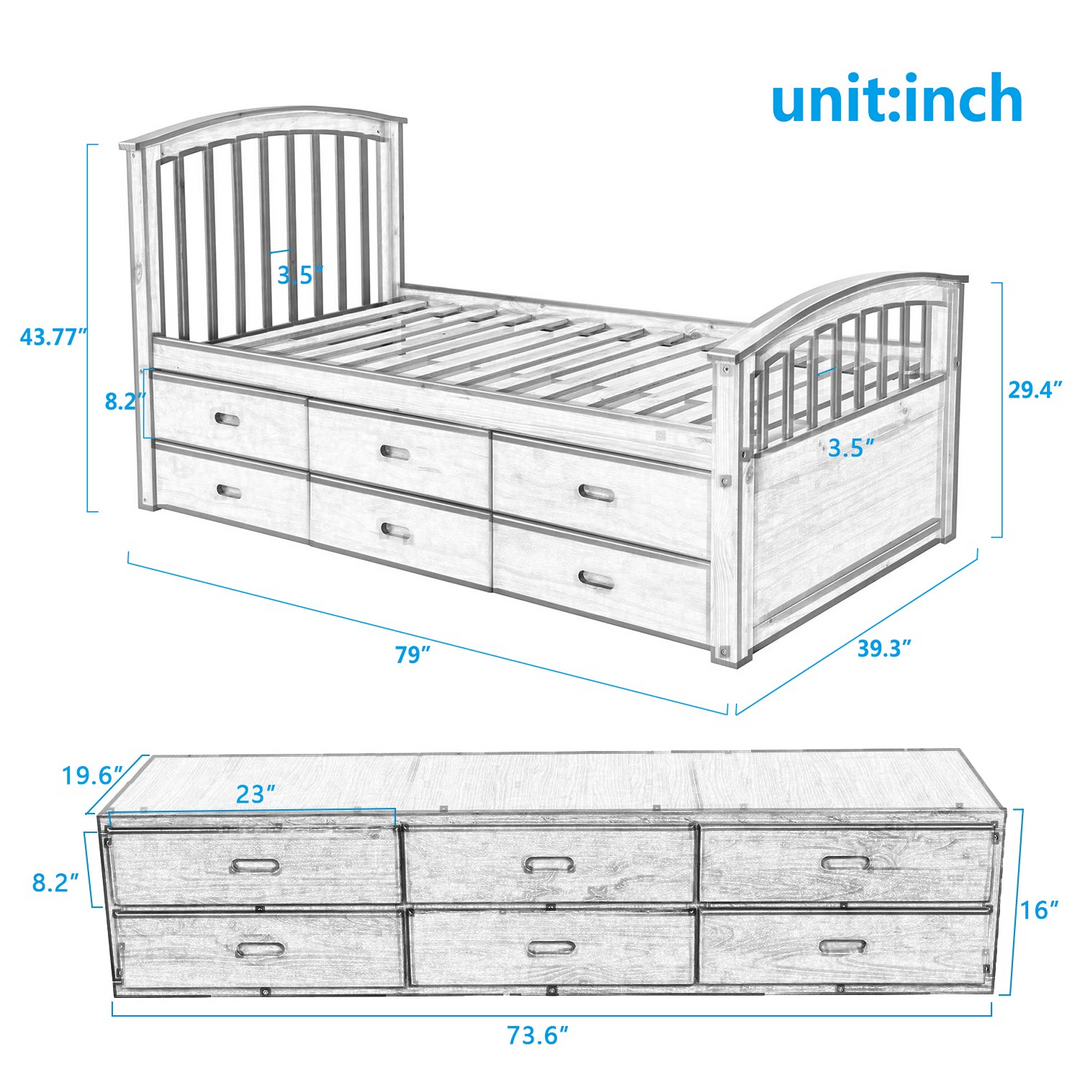 Twin Size Platform Storage Bed Solid Wood Bed with 6 Drawers - Oak