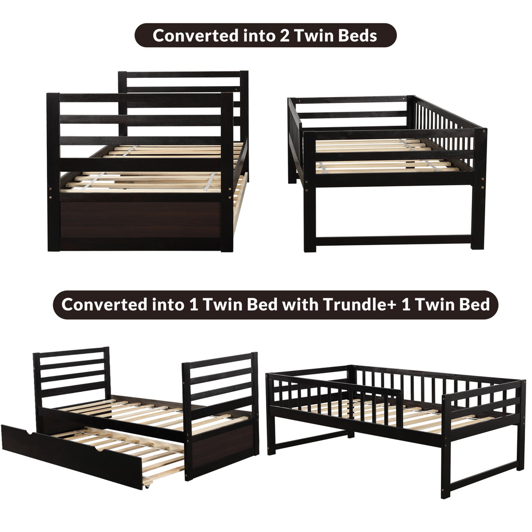 Twin Bunk Beds for Kids with Safety Rail and Movable Trundle Bed - Brown