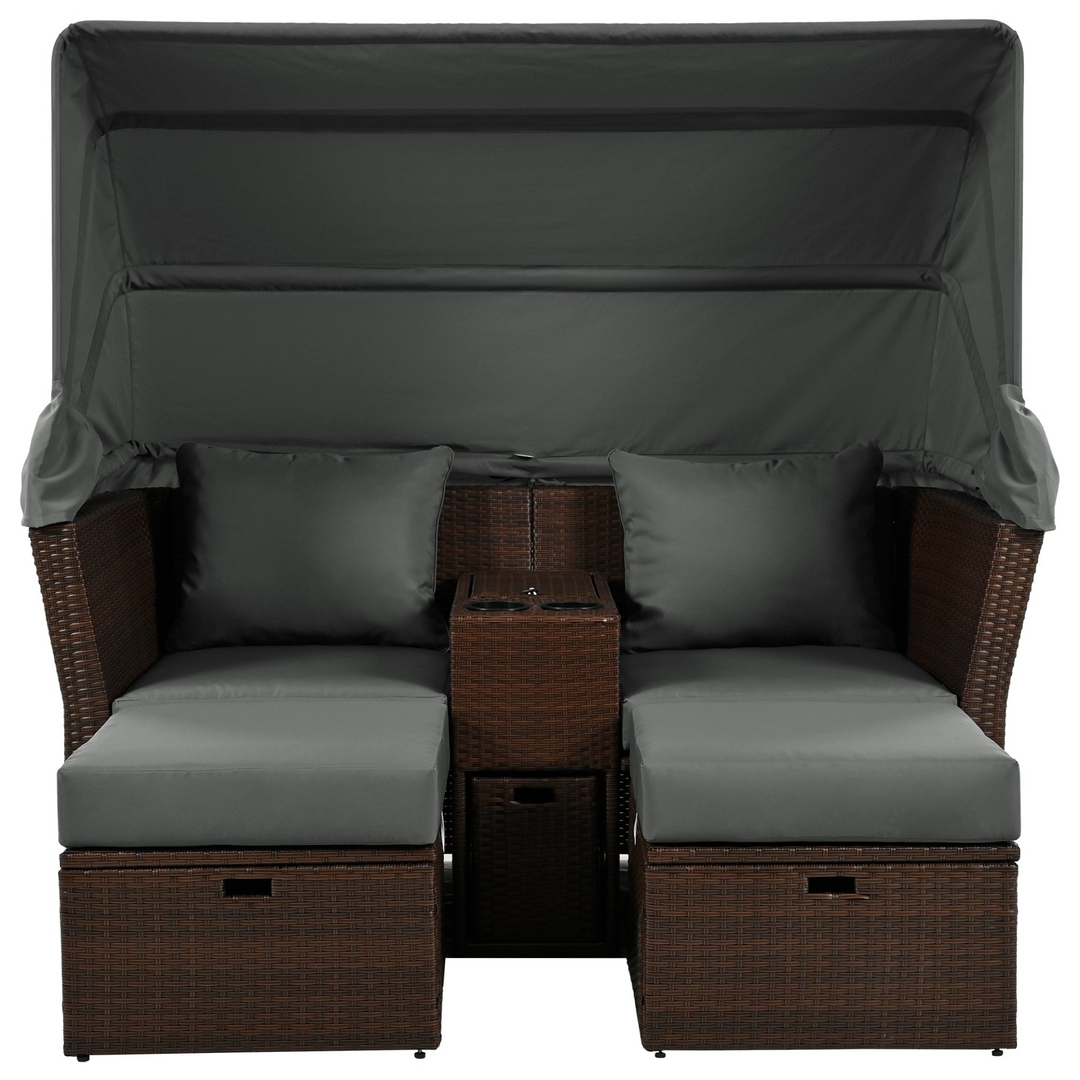 Luxurious Grey Outdoor Double Daybed with Retractable Awning and Storage - Perfect for Garden Relaxation