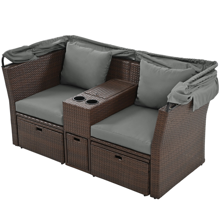 Luxurious Grey Outdoor Double Daybed with Retractable Awning and Storage - Perfect for Garden Relaxation