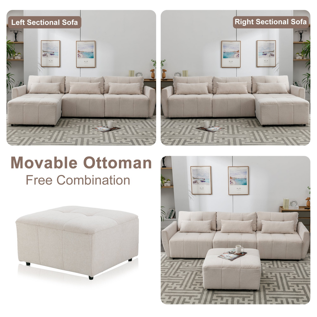 113.3" Convertible Sectional Sofa Couch 3-Seat L-Shaped Sofa with Movable Ottoman and  USB for Apartment, Living Room, Bedroom, Beige
