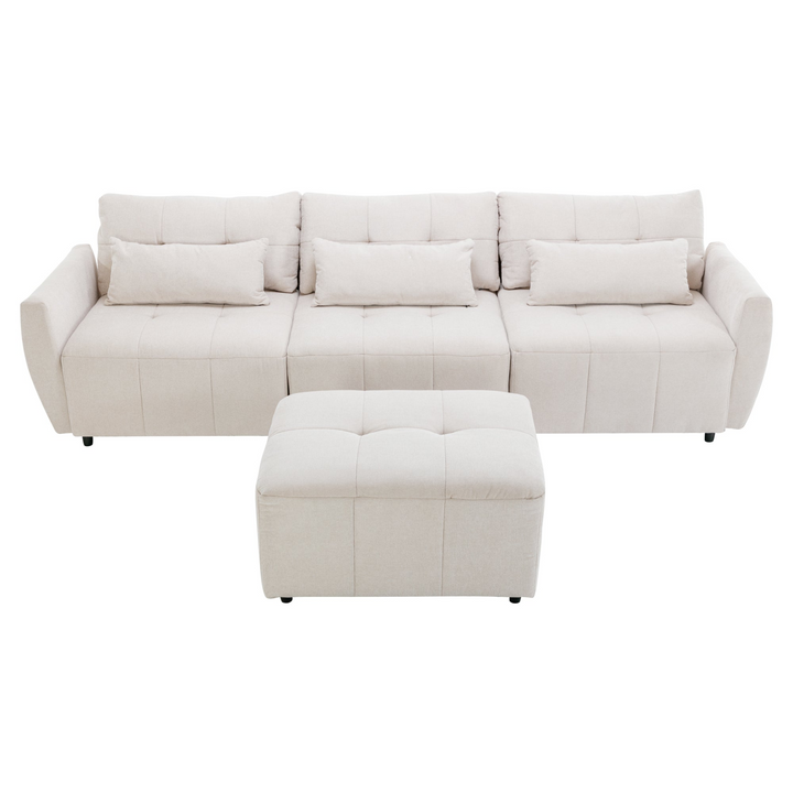 113.3" Convertible Sectional Sofa Couch 3-Seat L-Shaped Sofa with Movable Ottoman and  USB for Apartment, Living Room, Bedroom, Beige