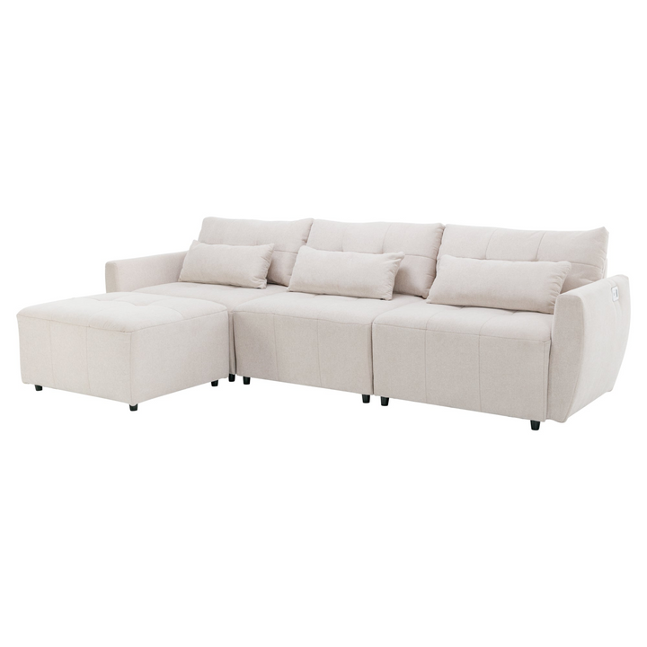 113.3" Convertible Sectional Sofa Couch 3-Seat L-Shaped Sofa with Movable Ottoman and  USB for Apartment, Living Room, Bedroom, Beige
